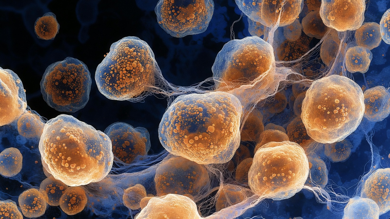 Artistic illustration of lipid-laden foamy histiocytes, the hallmark cells of ECD, shown with an amber bioluminescent glow infiltrating surrounding tissue