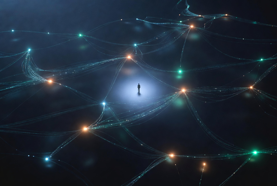 A lone figure standing at the centre of a vast glowing network of cyan and gold threads — representing rare disease patients finding connection and community across distance