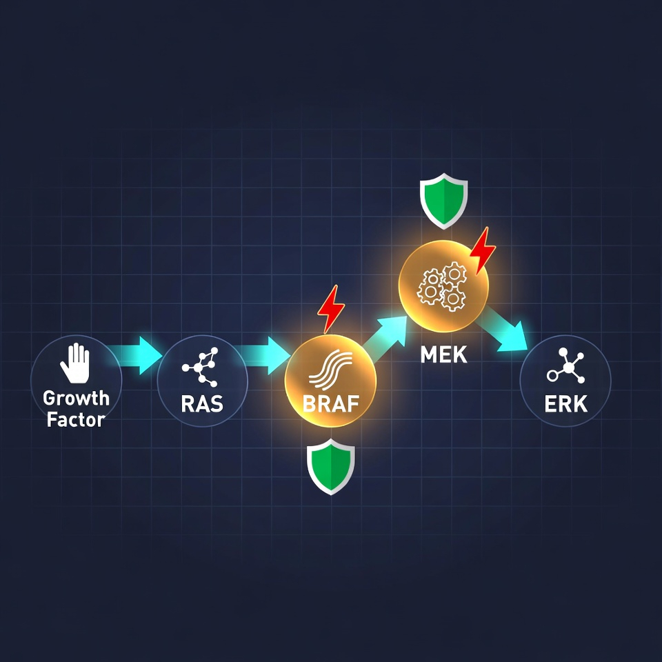 "Diagram showing Growth Factor → RAS → BRAF → MEK → ERK signaling pathway, with BRAF highlighted and protective shields."