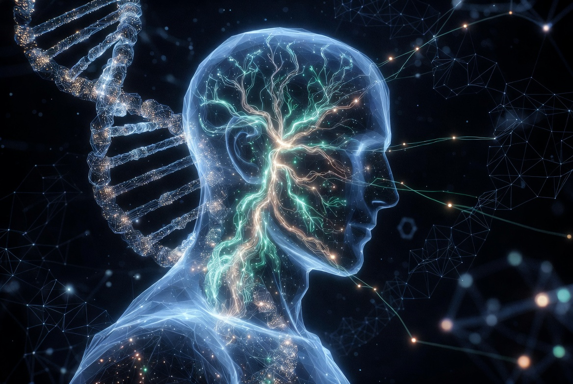 A translucent human silhouette filled with luminous cyan neural pathways and DNA helices, with gold nodes at key connection points — representing AI pattern recognition mapping what is invisible to any single clinician
