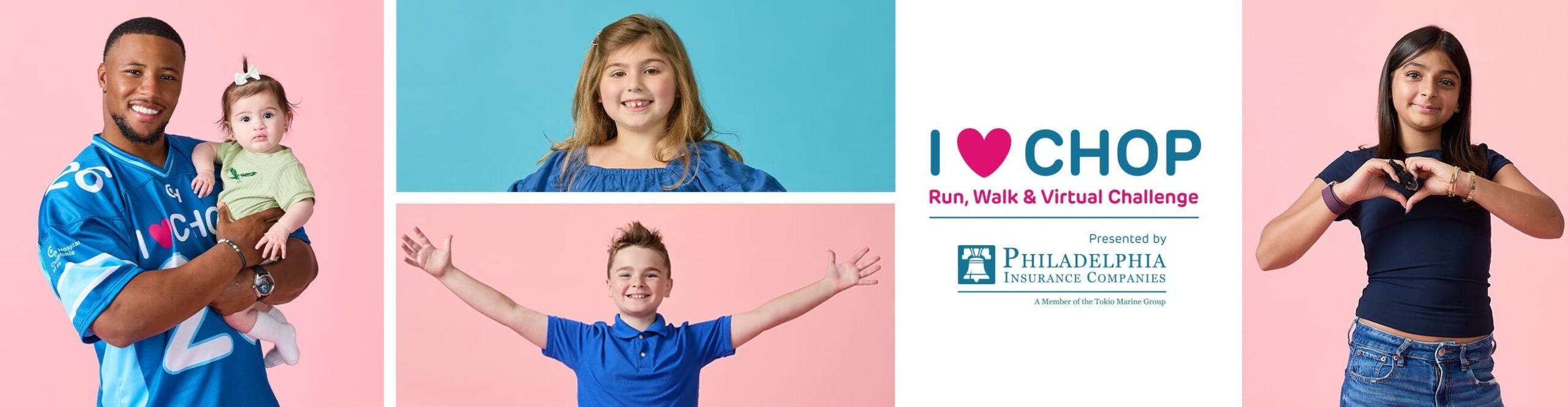 I Heart CHOP Run, Walk and Virtual Challenge — presented by Philadelphia Insurance Companies. Photo collage of smiling children on pink and teal backgrounds.