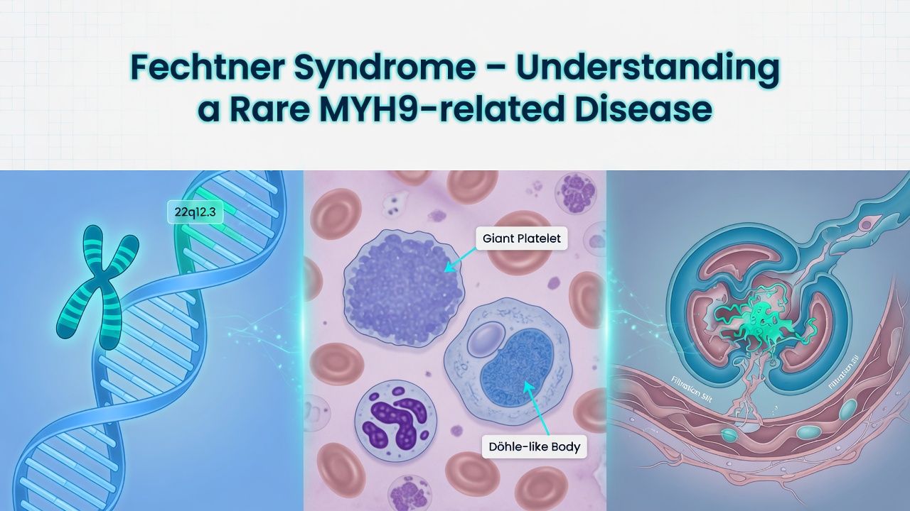Artistic illustration of the MYH9 protein and chromosome 22, representing the genetic basis of Fechtner Syndrome