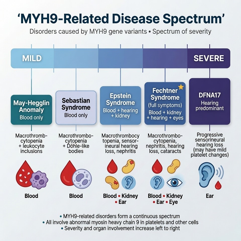 Illustration of the MYH9 protein structure showing the spectrum of related conditions from mildest to most severe